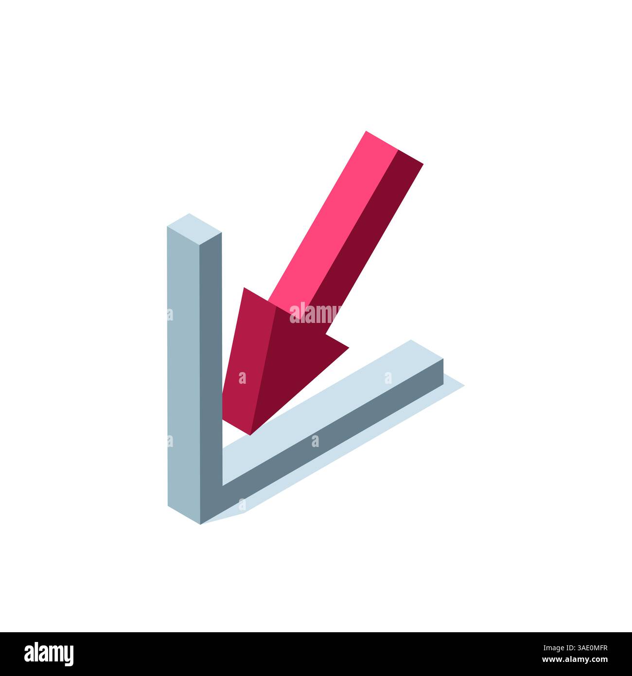 Isometrisches Symbol mit Pfeil nach unten in roter Farbe auf weißem Hintergrund, Finanzeinbruch und negativer Geschäftsfortschritt Stock Vektor