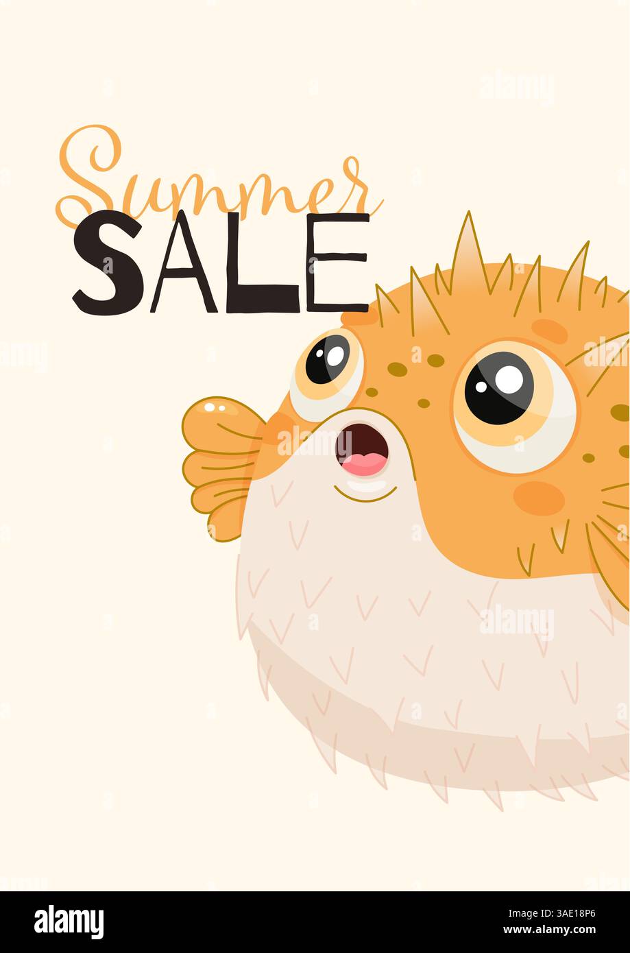 Sommerverkauf Fisch Rabatt Cartoon niedliche Illustration Promo Ozean Pufferfisch Banner Stock Vektor