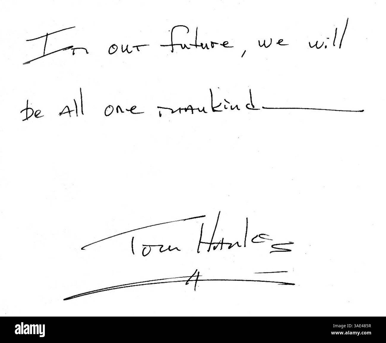 Dezember 2001; Madrid, SPANIEN; nur Verkauf in den USA! Schauspieler TOM HANKS schreibt „in unserer Zukunft werden wir alle eine Menschheit sein“ für die fotografische Ausstellung des Fotografen ALISTAIR MORRISON „REFLECT“. Erlöse kommen bedürftigen Kindern zugute. (Kreditbild: Remi Agency/ZUMAPRESS.com) Stockfoto