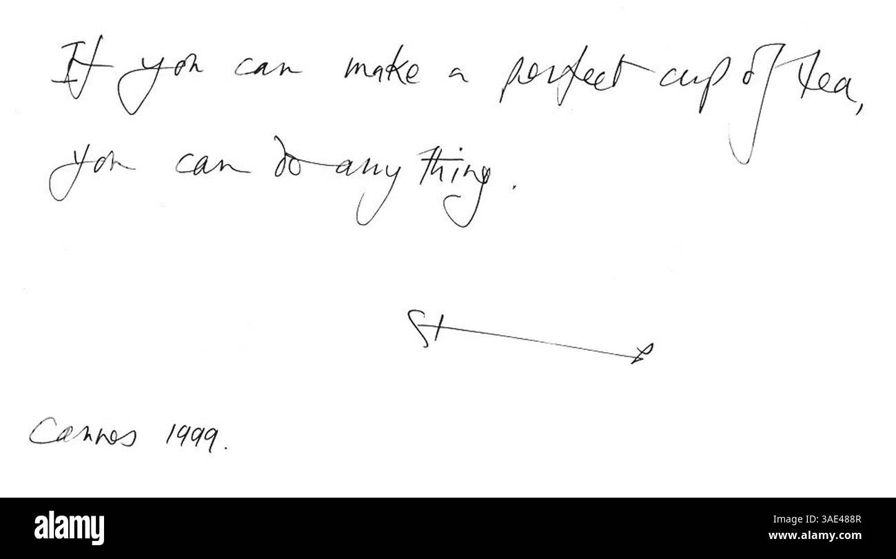 Dezember 2001; Madrid, SPANIEN; nur Verkauf in den USA! Schauspieler TERENCE STAMP schreibt für die fotografische Exposition des Fotografen ALISTAIR MORRISON: "Wenn du eine perfekte Tasse Tee machen kannst, kannst du alles machen." Erlöse kommen bedürftigen Kindern zugute. (Kreditbild: Remi Agency/ZUMAPRESS.com) Stockfoto