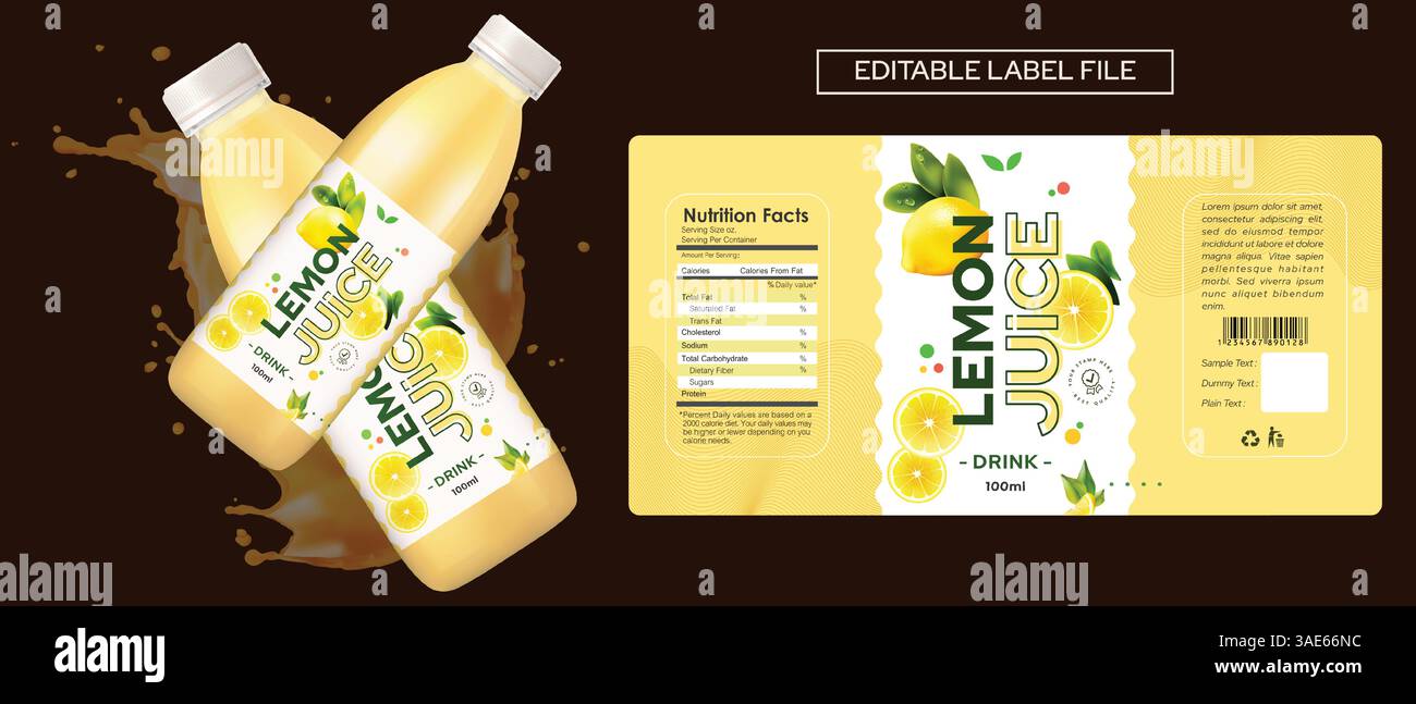 Design mit Etikett für Zitronensaft, Design mit Etikett für alkoholfreie Getränke mit Zitronensaft. Flaschenvektor Energy Drink Etikettendesign. Mockup-Vorlage für Fruchtsaftetiketten Stock Vektor