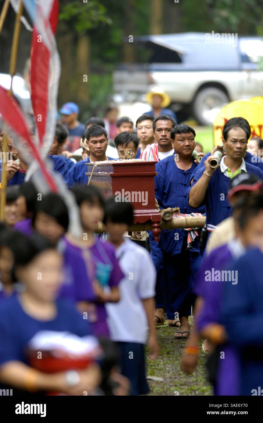 18. Juni 2008 - Chiang Mai, Thailand - Chiang Mai, Thailands zweitgrößte Stadt und ein wichtiger Tourismuszentrum, birgt ein dunkles Geheimnis, das eine Szene aus einem Horrorfilm sein könnte. Tief im Dschungelwald im Schatten des Doi Kham Tempels findet eine rituelle Zeremonie statt, inmitten von rasenden, staunenden und einigen schockierten Einheimischen und einer Handvoll Touristen, in einem Dunst von Insekten und Delirium. Ein Schuljunge verschlingt einen frisch geschlachteten Büffel, der unter ihm liegt wie ein blutiger Teppich. Scheiben von sehnlichem Fleisch, hängende Eingeweide und ein Eimer voller Blut sind die Spezialitäten des Tages. Der Wald stinkt nach verfallendem Fleisch und Stockfoto