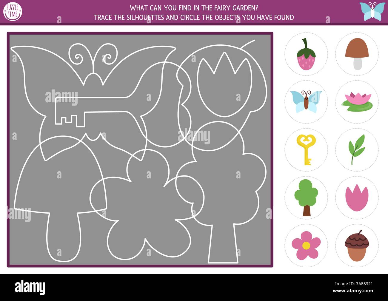 Fairyland Tracing, Form- und Linienerkennung mit Schmetterling, Schlüssel, Blume, Pilz. Magisches Märchengartenpuzzle mit weißen Konturen. Suchen Sie und Stock Vektor