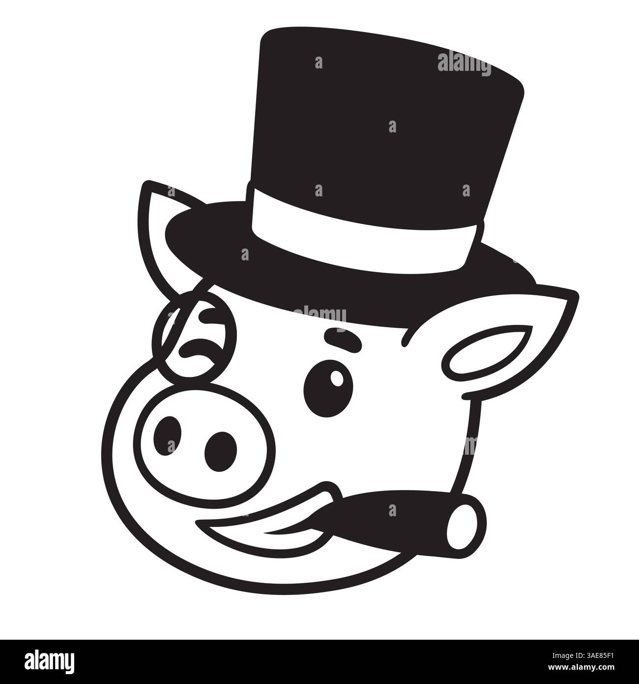 Lustige Karikatur der kapitalistischen Schweinekartei. Reicher Schweinefleisch-Boss mit Zigarre, Monokel und Hut. Niedliche Vektorillustration, schwarz-weißes Logo. Stock Vektor