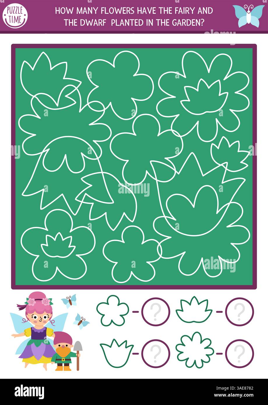 Fairyland Tracing, Form- und Linienerkennung mit Blumen. Magisches Märchengarten zählt Mathematik-Puzzle mit weißen Konturen. Korr. Suchen und umkreisen Stock Vektor