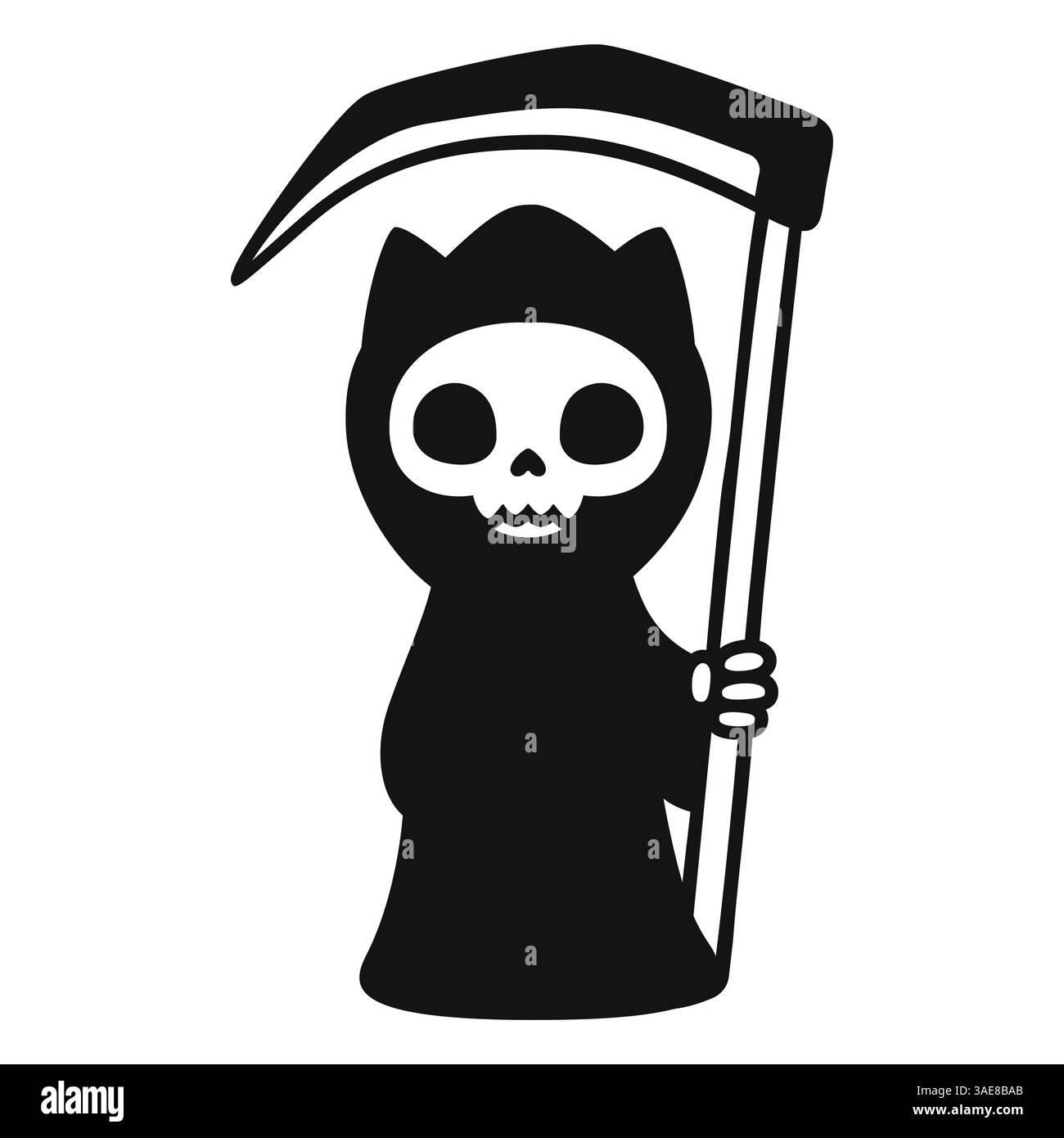 Niedliche Katze Tod Charakter mit Sense. Einfache Schwarzweißzeichnung. Cartoon Grim Reaper mit Kätzchen Schädel, isolierte Vektor Clipart Illustration. Stock Vektor