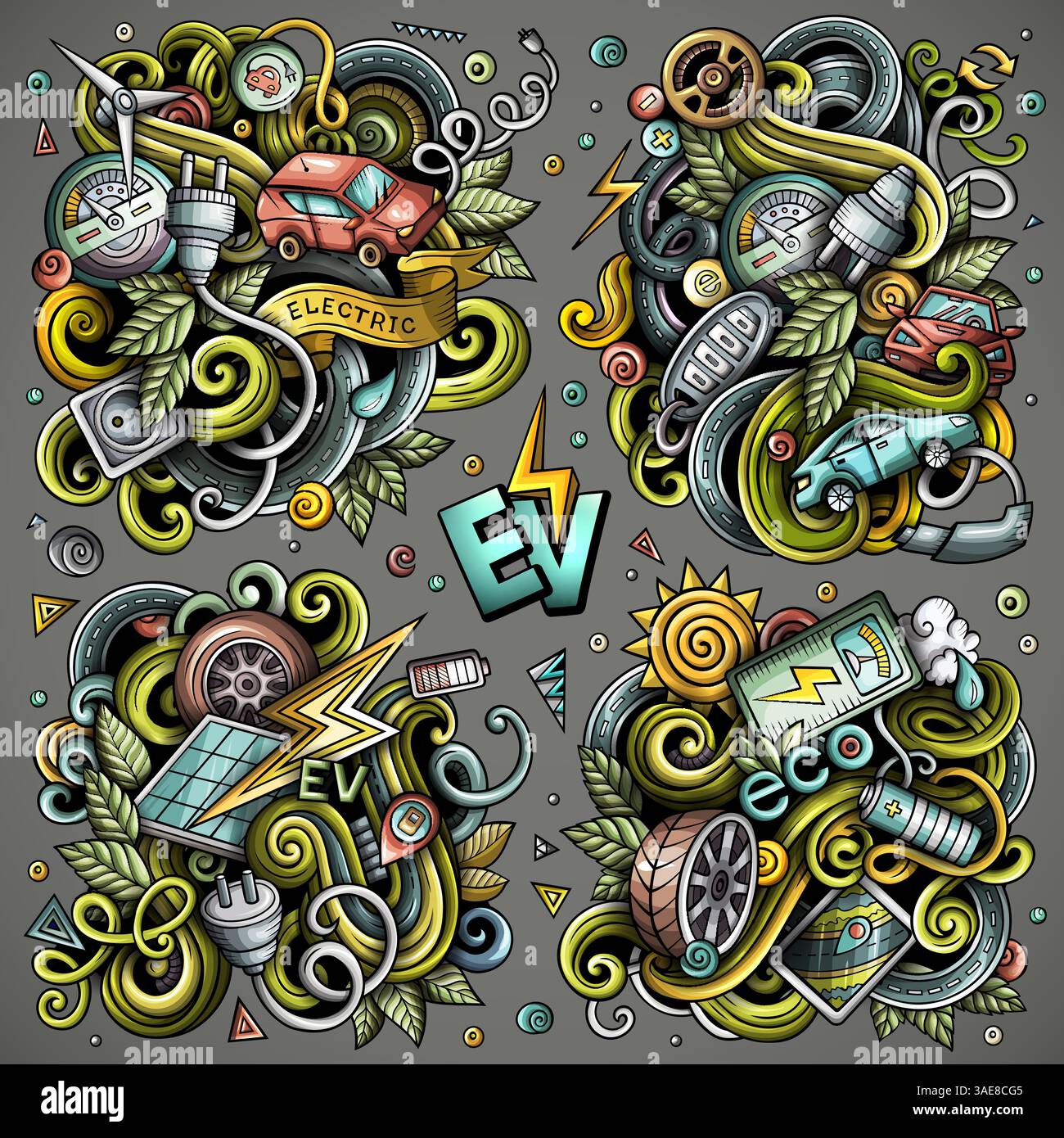 Elektrofahrzeuge Cartoon Vektor Kritzelentwürfe Set. Farbenfrohe, detailreiche Kompositionen mit vielen EVObjects und Symbolen Stock Vektor