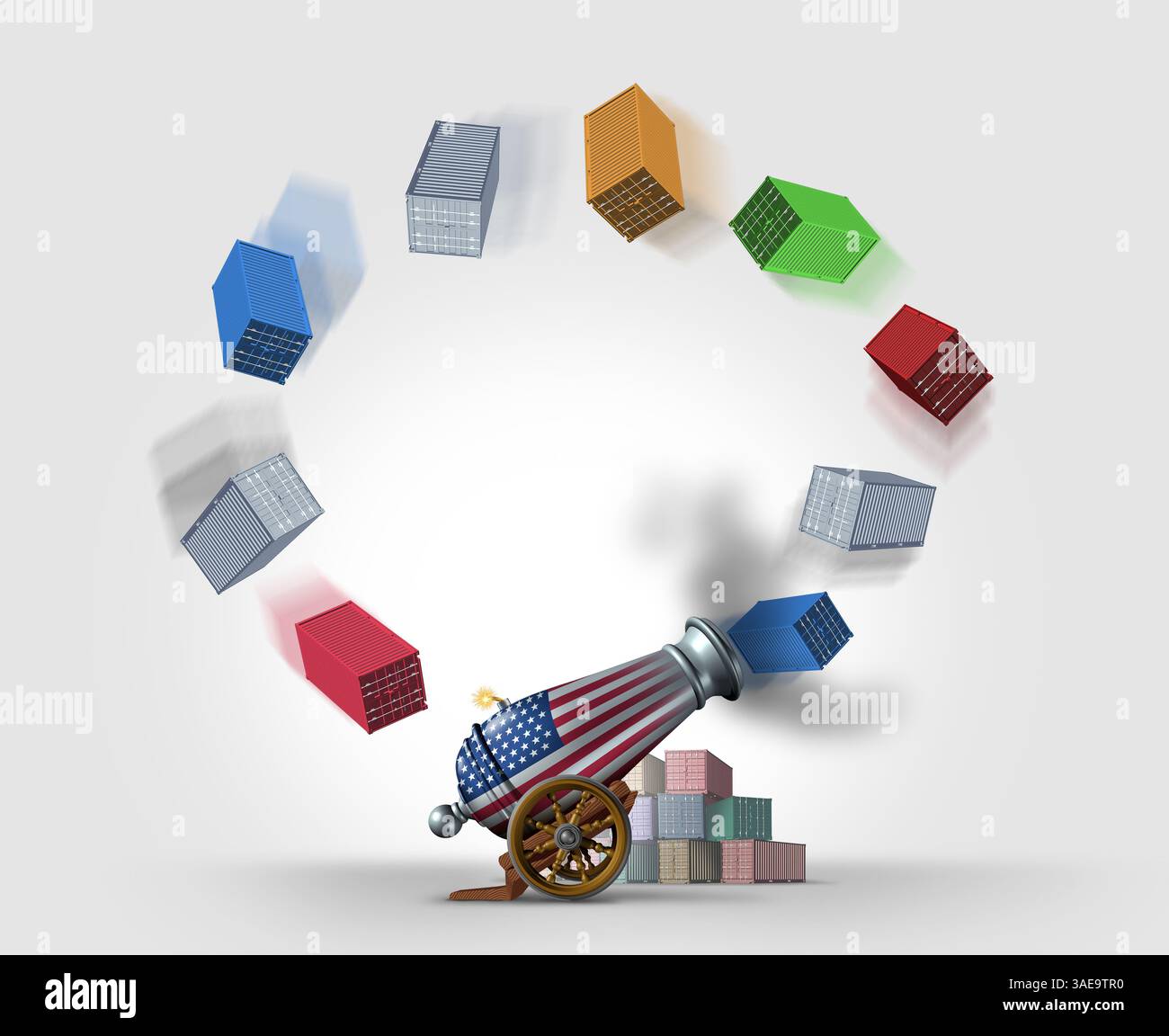 Selbst verschuldete US-Wirtschaftskrise als Handelskrieg, der den Vereinigten Staaten als Kanone geschadet hat, die die US-Zollpolitik als Selbstzerstörungskapital repräsentiert Stockfoto