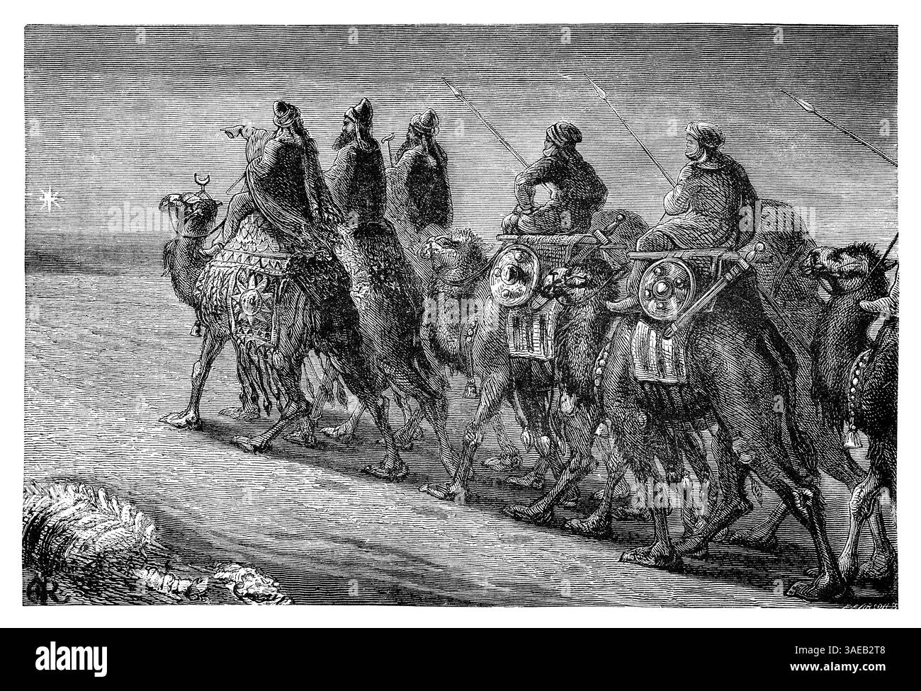 Vintage-Weihnachtsstich der drei Weisen, die dem Stern nach Bethlehem folgen. Stockfoto