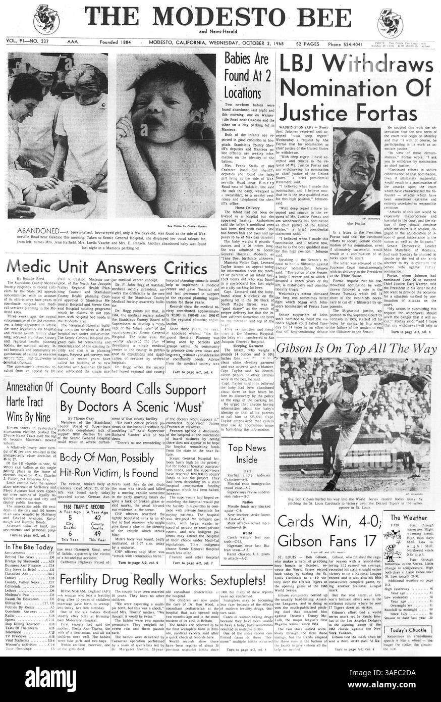 August 2008 - Modesto, Kalifornien, USA - die Modesto Bee and News Herald Titelseite vom 2. Oktober 1968 zeigt Geschichte über zwei gefundene verlassene Babys (Credit Image: Modesto Bee/ZUMAPRESS.com) Stockfoto