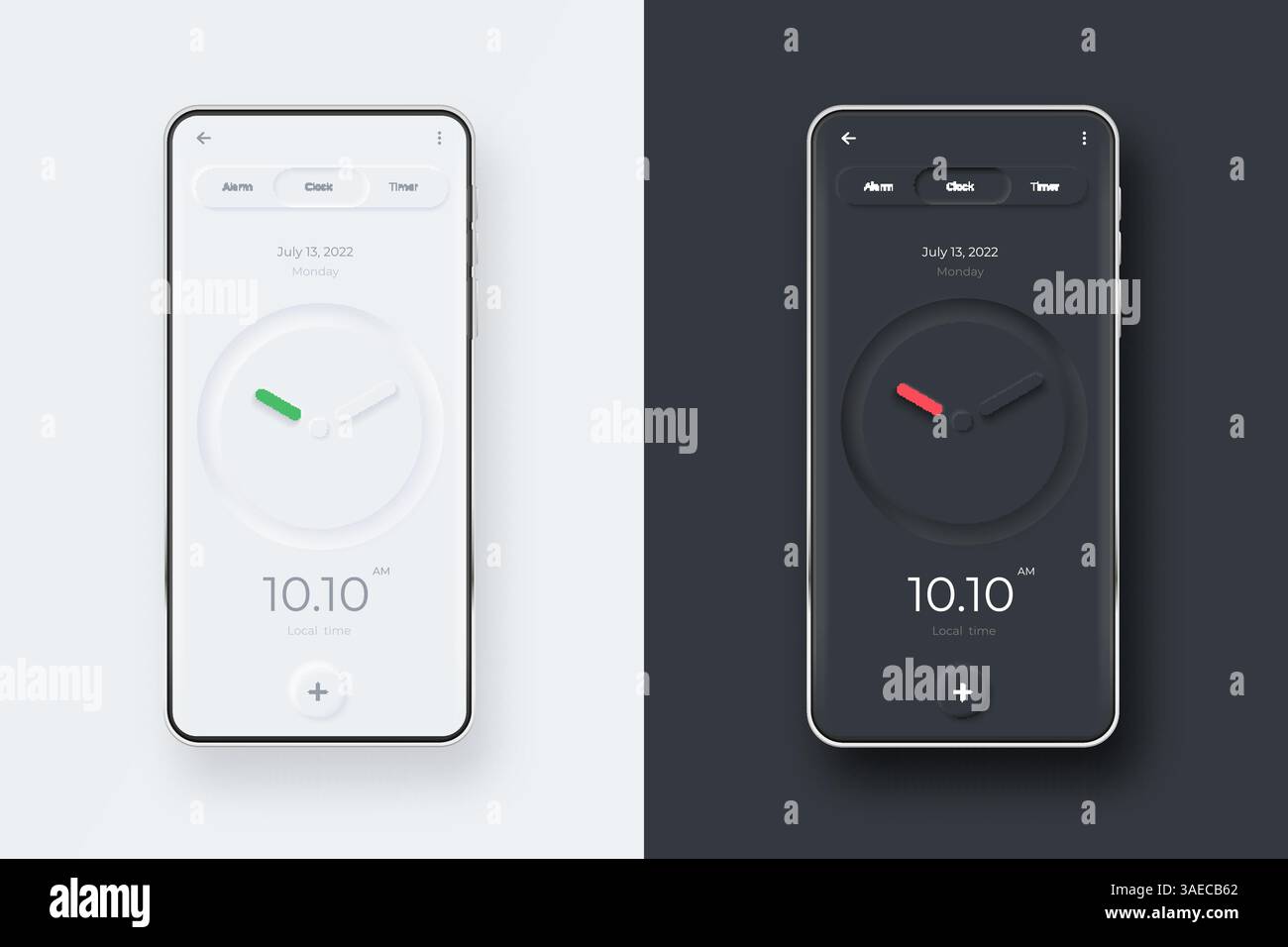 Neumorphe Benutzeroberfläche auf Smartphone-Bildschirm. Uhr auf schwarzweißer Smartphone-Vorlage. App für mobile Benutzeroberfläche. UI-Vektorvorlage Stock Vektor