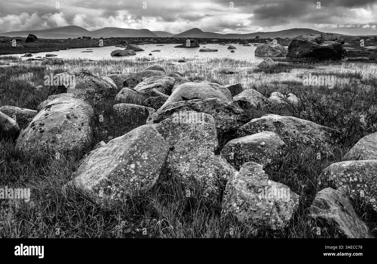 Flacher See und nasse Felsen am Valdresflye Plateau Jotunheimen Nationalpark Norwegen – Schwarzweißbild Stockfoto