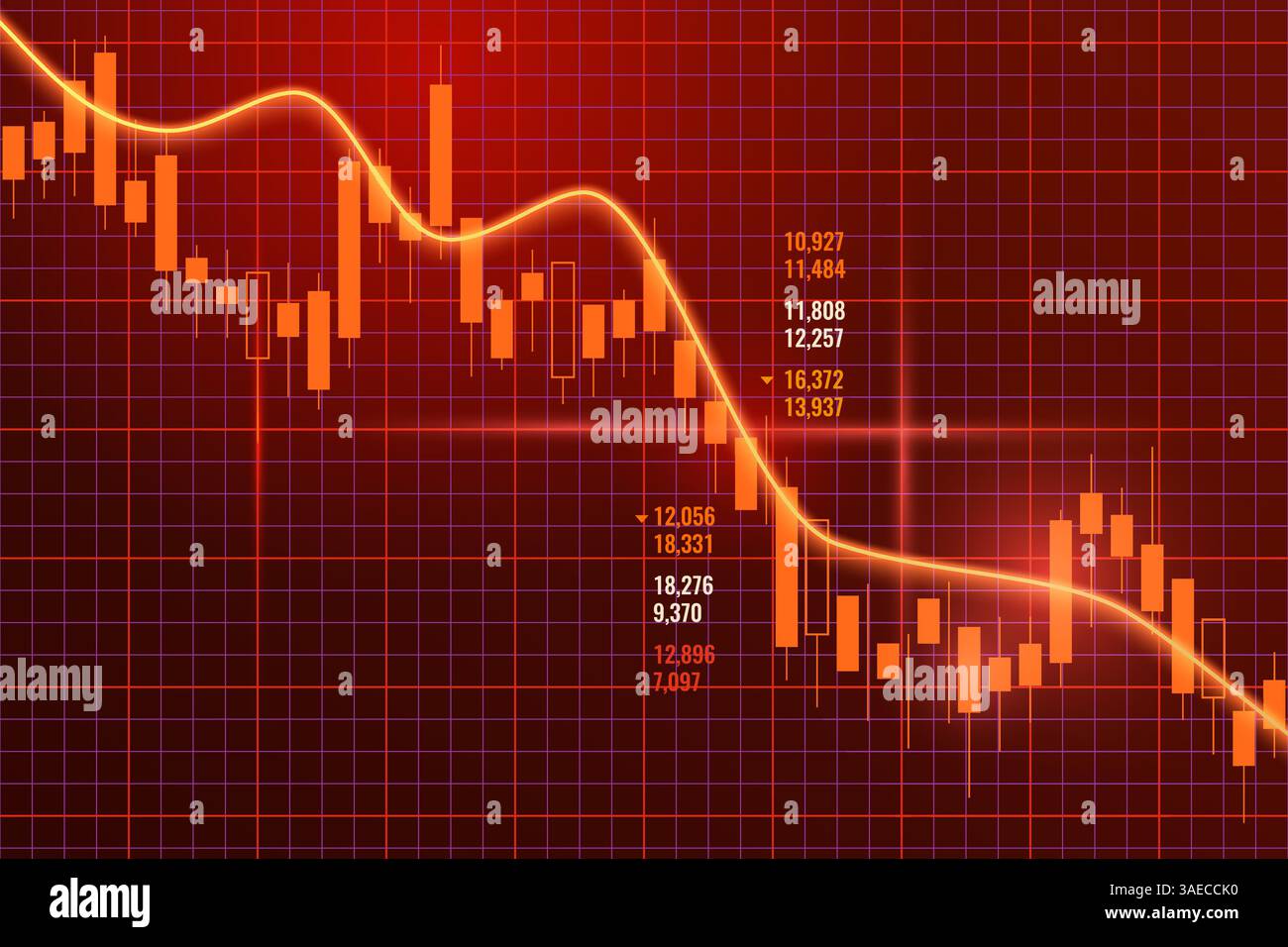 Negatives Vektordiagramm der Finanzdaten für Investitionen. Aktienmarkt mit steigenden Kerzenleuchtern grafisch darstellen. Das Konzept der wirtschaftlichen Rezession und Krise. Fall von Stock Vektor