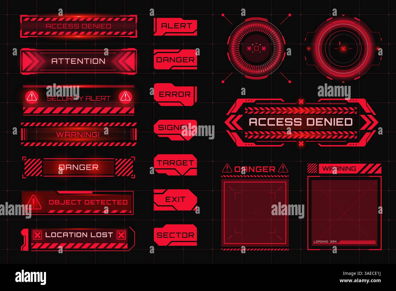 Set aus Warnungs-, Achtung- und Warnsymbolen. HUD Vorsicht- und Gefahrenrahmen. Spiel-UI mit Warnfeldern für Systembeschädigungsfehler. Tech und Sci Fi in Stock Vektor