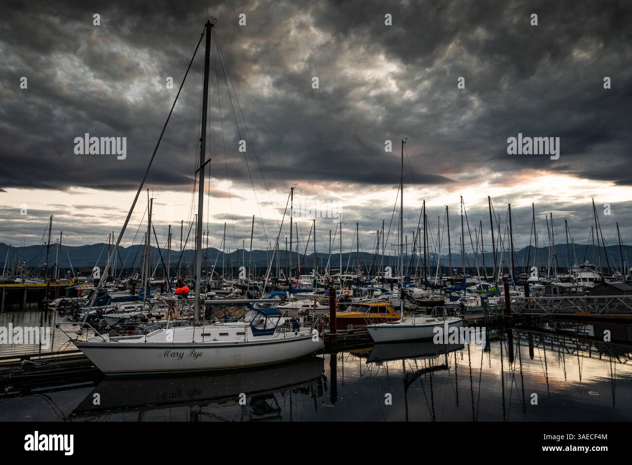 Blick auf die Berge von Vancouver Island in Silhouette an einem bewölkten Tag von einem Yachthafen in Comox, British Columbia, Kanada. Stockfoto