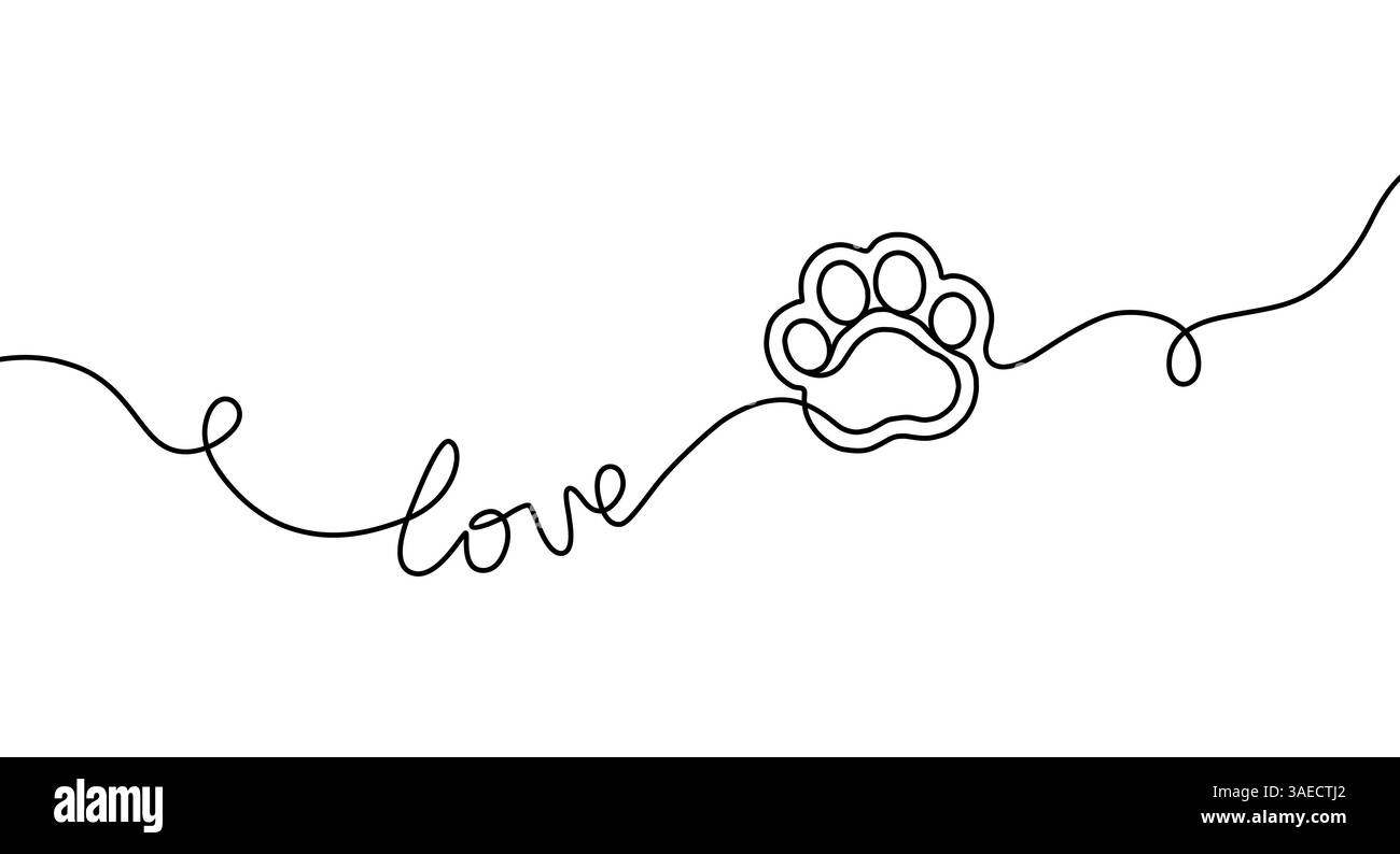 Ununterbrochene Linienzeichnung von Pfoten. Mit einer Hand gezeichnete Konturlinien Hund oder Katze. Design-Prints. Standfläche auf der Linie markieren. Schwarze lineare Skizzenkontur Stock Vektor