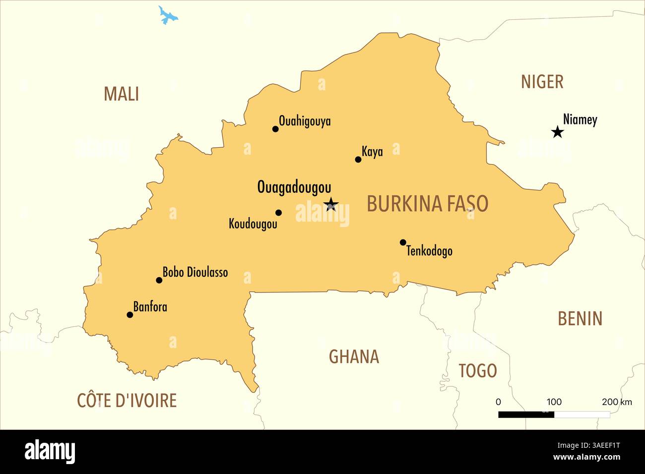 Karte von Burkina Faso mit großen Städten und Nachbarländern Stockfoto