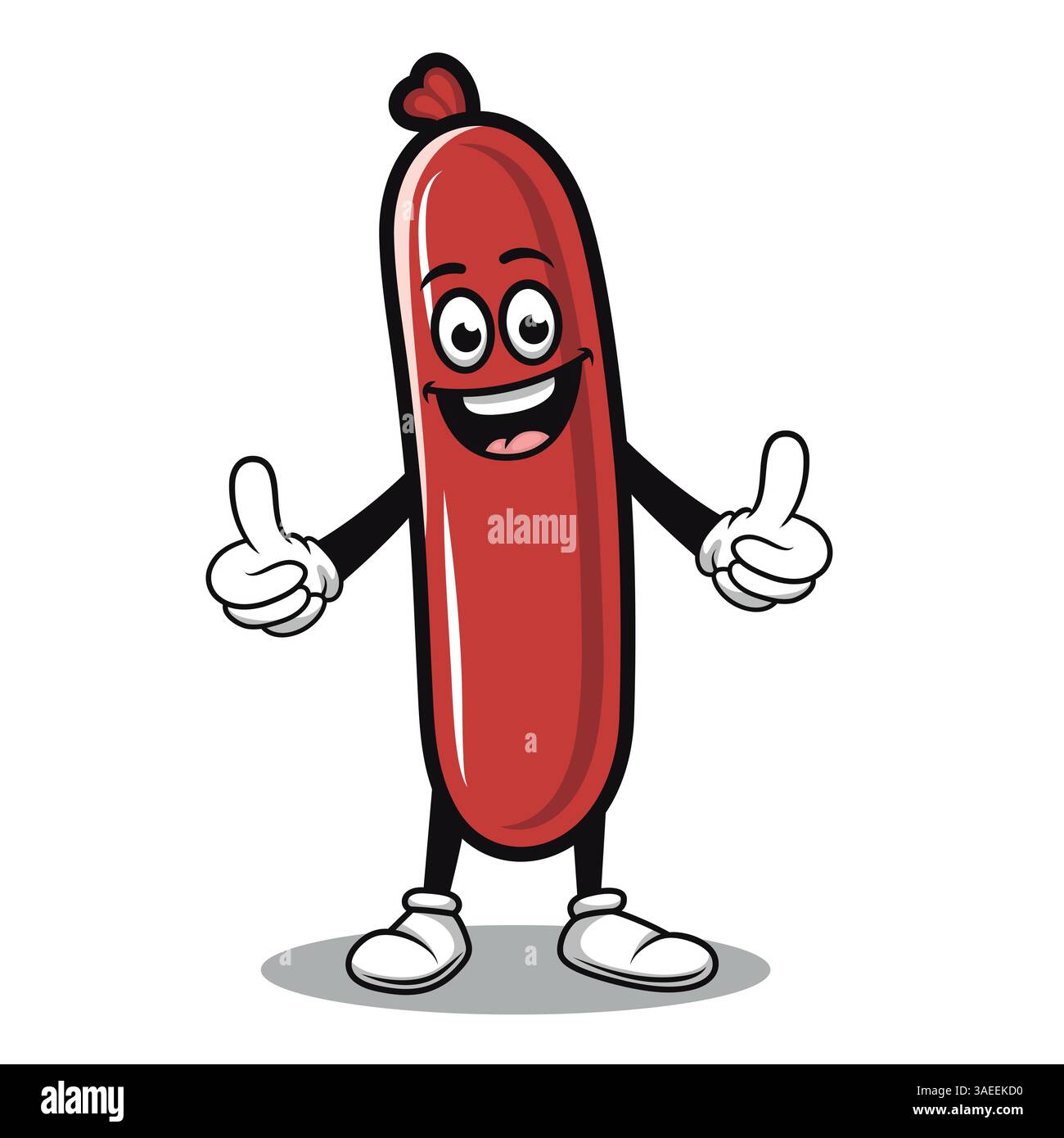 Vektor Lustiges Wurst Maskottchen. Zeichentrickfigur Hot Dog mit glücklichem Gesicht, Daumen hoch, mit weißen Handschuhen im Retro-Stil. Niedliches Vintage-Maskottchen Mit Wurst Stock Vektor