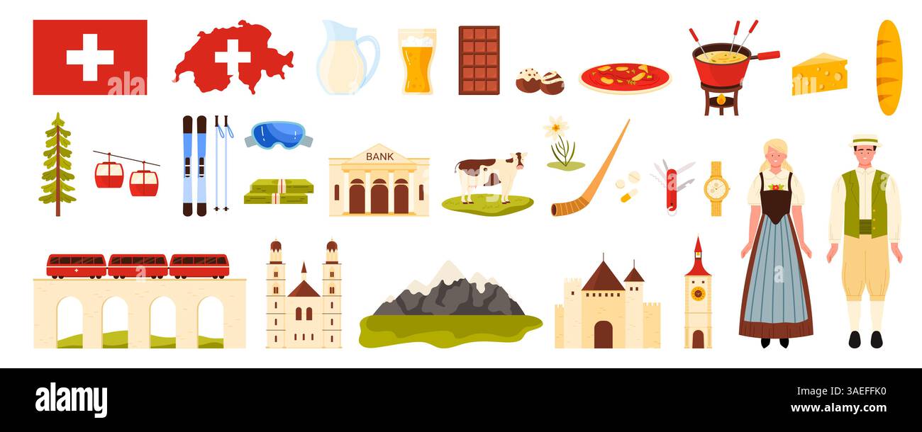 Reise in die Schweiz Set. Schweizer in Nationalkleidung, Erbe Architektur und Kultur Elemente, rote Zug auf Viadukt und Berglandschaft, Alphorn und Käse Dip Cartoon Vektor Illustration Stock Vektor Reise in die Schweiz Set. Schweizer in Nationalkleidung, Erbe Architektur und Kultur Elemente, rote Zug auf Viadukt und Berglandschaft, Alphorn und Käse Dip Cartoon Vektor Illustration Stock Vektor