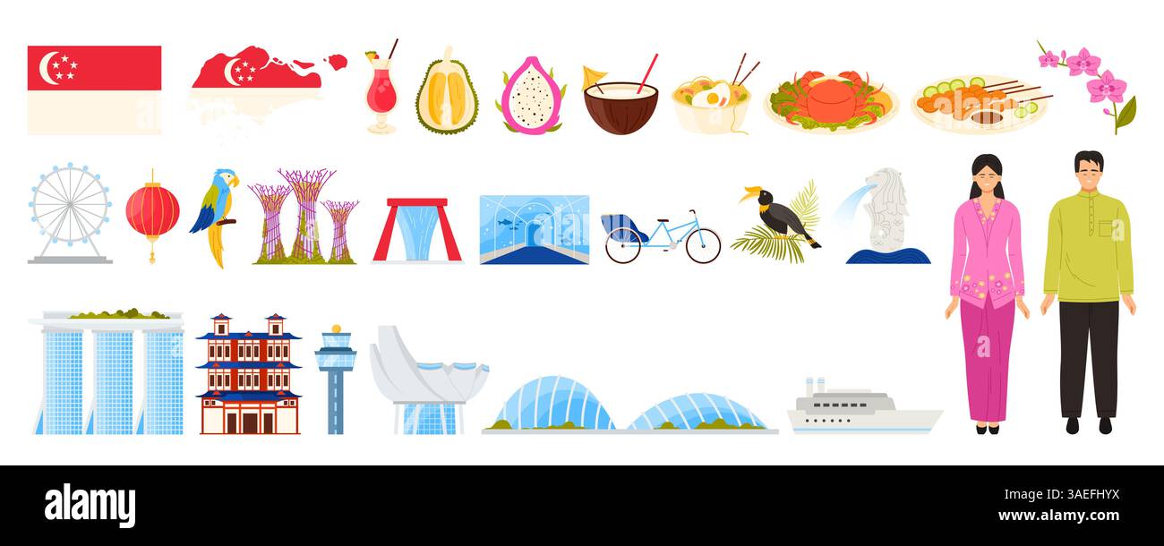 Reisen Sie nach Singapur Set. Sehenswürdigkeiten, kulturelle Elemente und Küche. Enthält Merlion, Super Tree Grove und berühmte Gerichte wie Chili-Krabben und Satay-Vektor-Illustration. Stock Vektor