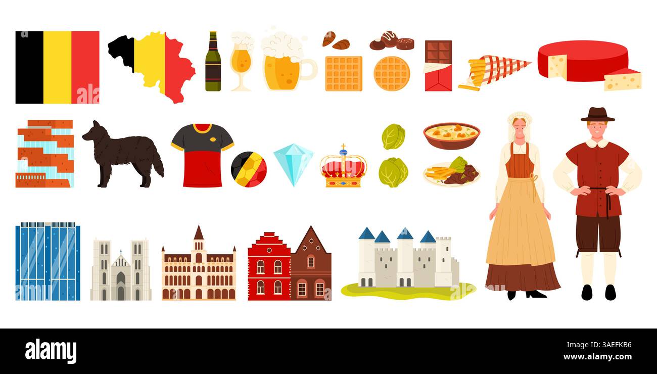 Reisen Sie nach Belgien Infografik mit kulturellen Elementen und Speisen, Architektur und belgischen Menschen in Nationalkostümen. Altes und modernes Gebäude von Brüssel, Königskrone Cartoon Vektor Illustration Stock Vektor