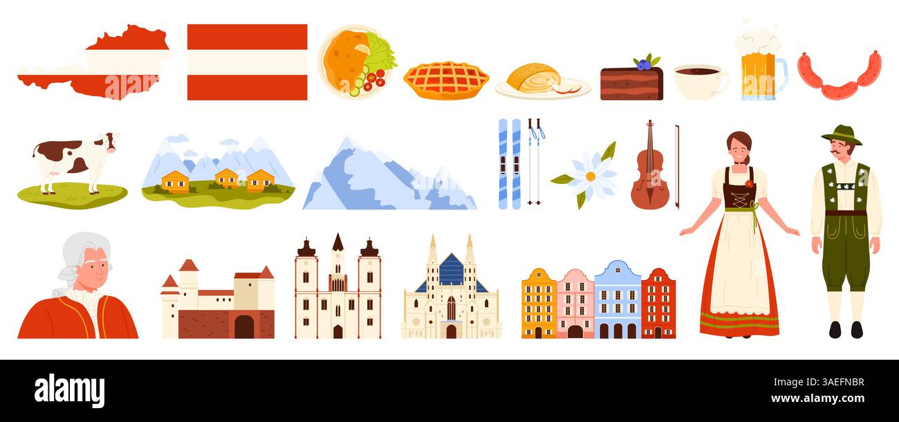 Reise nach Österreich Set. Berühmte architektonische Wahrzeichen und Berglandschaft, traditionelles Essen und Bier, Österreicher in Volkskleidung, Flagge und Karte von Österreich Cartoon Vektor Illustration Stock Vektor
