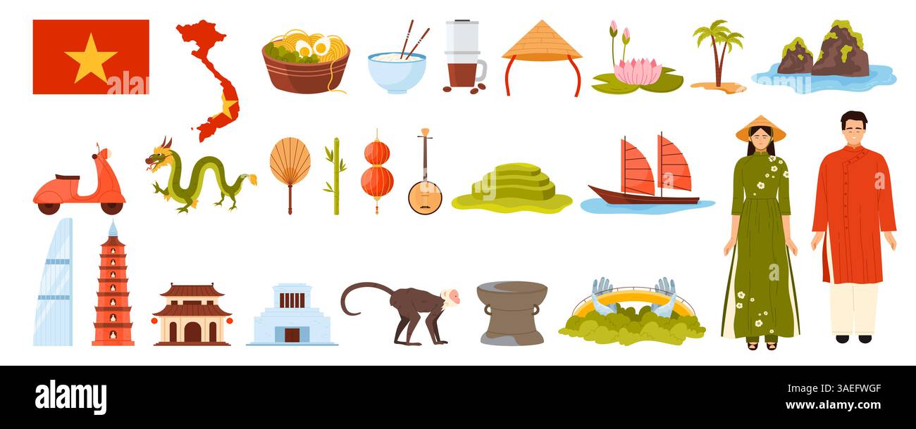 Reisen Sie nach Vietnam mit kulturellen Elementen, Wahrzeichen und Speisen. Kathedrale Notre Dame Basilika von Saigon und Ho Chi Minh City Wolkenkratzer, Kaiserliche Zitadelle von Thang Long Cartoon Vektor Illustration Stock Vektor