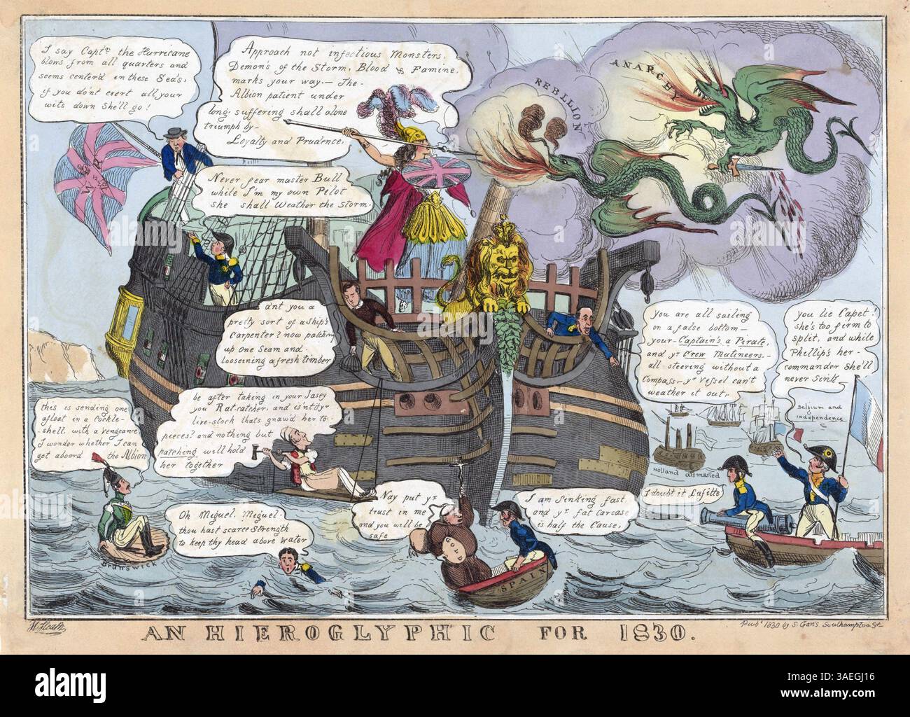 Ein humorvoller Cartoon aus dem 19. Jahrhundert von Spot Platoon für das Jahr 1830, eine Hieroglyphen für 1830, das britische Staatsschiff Albion, das von Brittanica gegen Angriffe der beiden Drachen Rebellion und Anarchie verteidigt wurde. Aquarellätzung auf Papier menschliche Karikaturen georgianische Ära erstellt von Henry Heath veröffentlicht von S Gans Kunstwerk politische Zeichentrickkunst Kunstwerk Vintage Antiquitätendruck Stockfoto