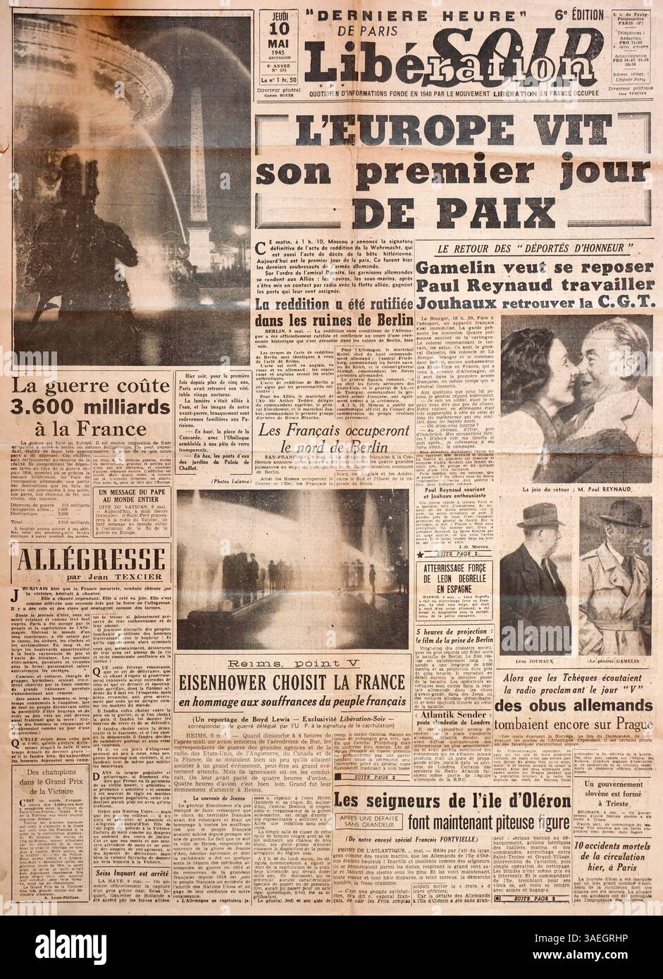 AJAXNETPHOTO. MAI 1945. PARIS, FRANKREICH. - SIEG IN EUROPA ZEITUNGEN - TITELSEITE DER ZEITUNG LIBERATION-SOIR VOM 10. MAI 1945. FOTO:AJAX VINTAGE PICTURE LIBRARY REF:GX9 250504 1022644 Stockfoto