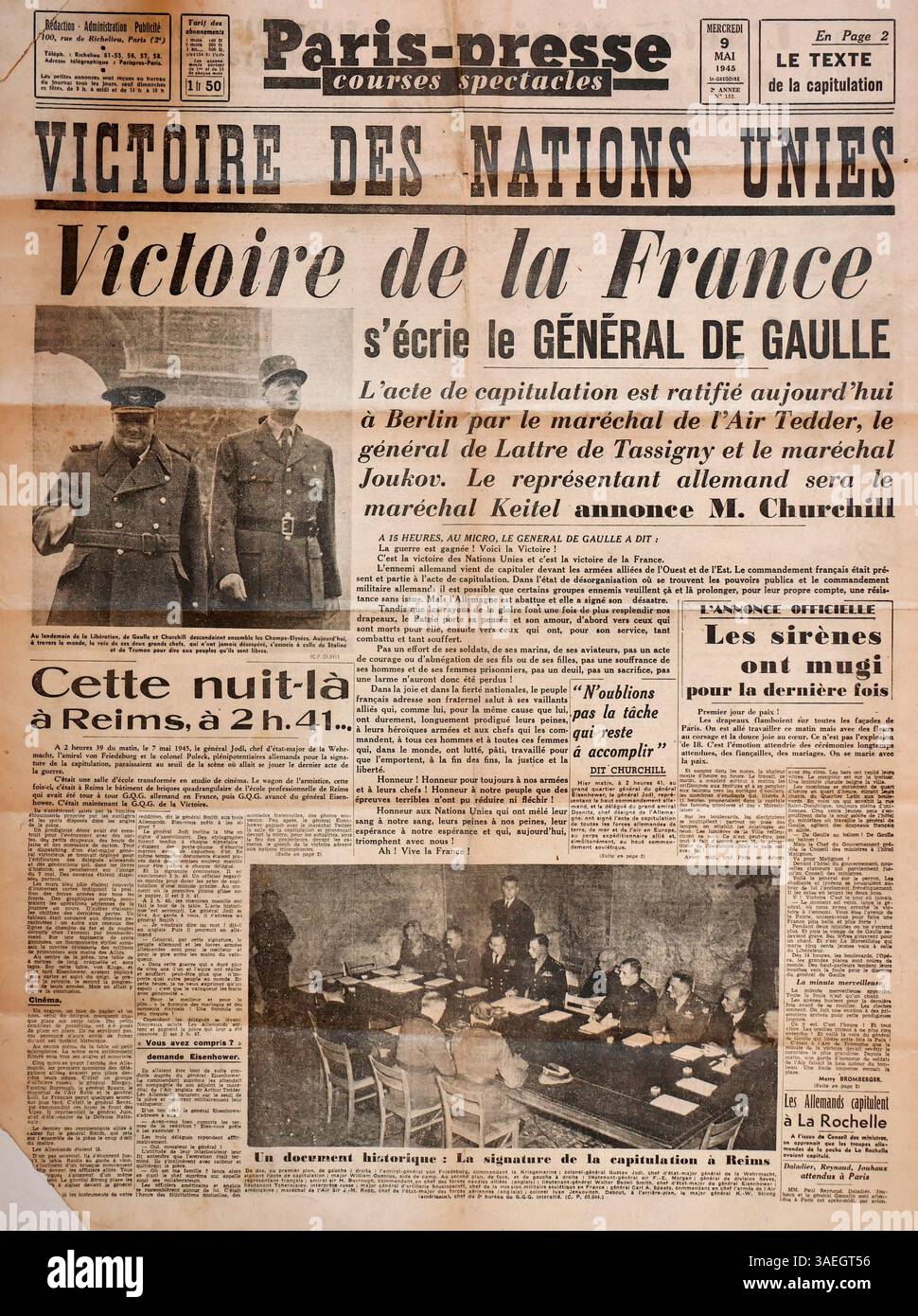 AJAXNETPHOTO. MAI 1945. PARIS, FRANKREICH. - SIEG IN EUROPA ZEITUNGEN - TITELSEITE DER ZEITUNG PARIS-PRESSE VOM 9. MAI 1945. FOTO:AJAX VINTAGE PICTURE LIBRARY REF:GX9 250504 1022645 Stockfoto