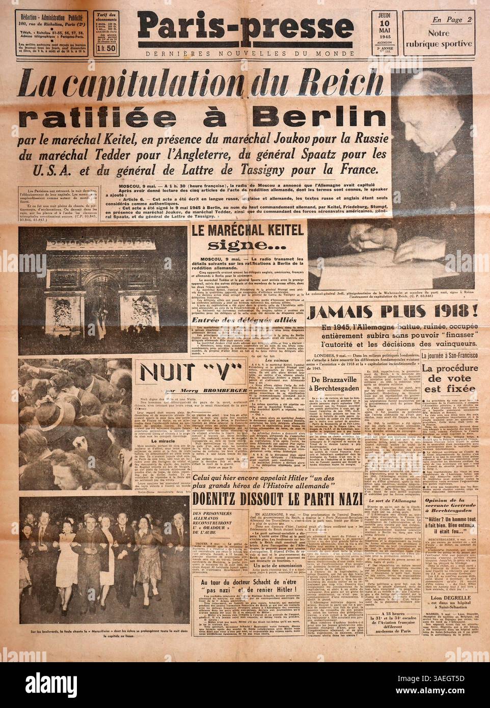 AJAXNETPHOTO. MAI 1945. PARIS, FRANKREICH. - SIEG IN EUROPA ZEITUNGEN - TITELSEITE DER ZEITUNG PARIS-PRESSE VOM 10. MAI 1945. FOTO:AJAX VINTAGE PICTURE LIBRARY REF:GX9 250504 1022648 Stockfoto