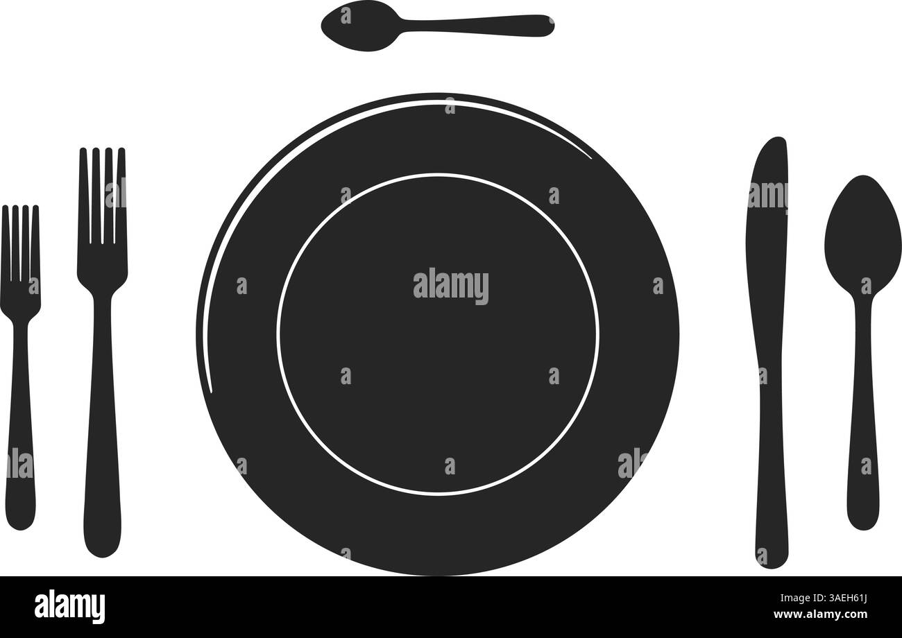 Tischaufstellung von oben auf einen Teller mit vollständigem Satz von Messern und Gabeln in Silhouettenvektor Stock Vektor