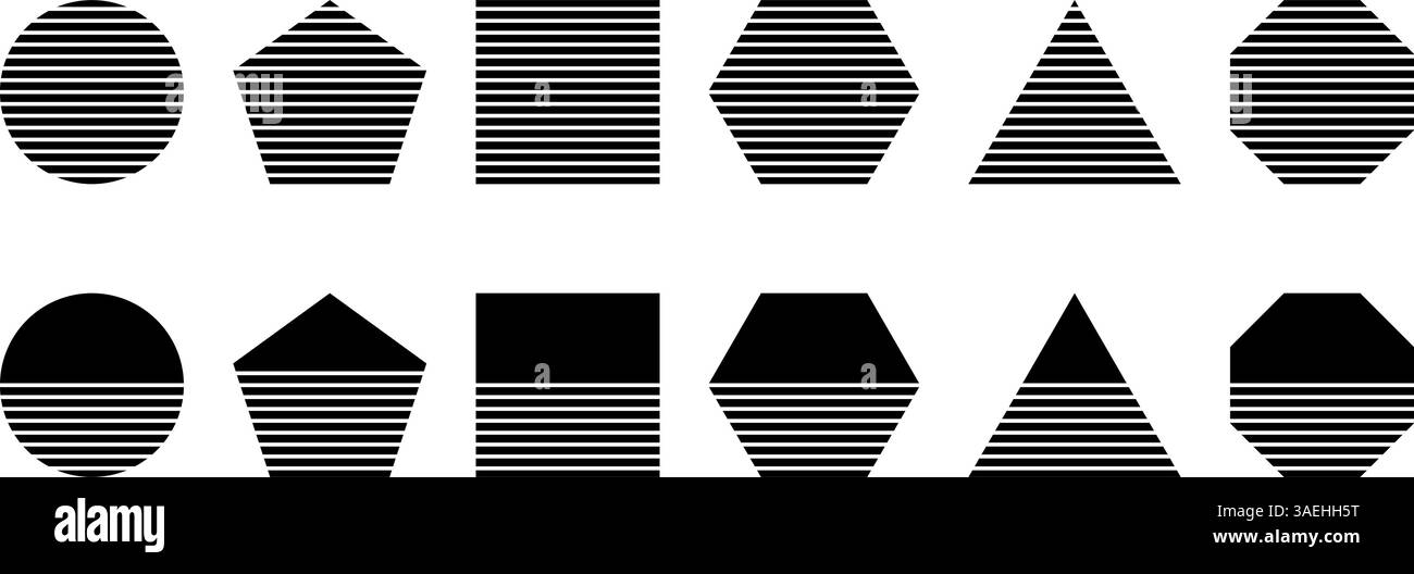 Set aus schwarz gestreiften Kreisen und pentagon, Quadrat und Sechseck, Achteck und Dreieck grundlegende geometrische Formen isoliert auf weißem Hintergrund. Minimalistische Designelemente. Vektorgrafik. Stock Vektor