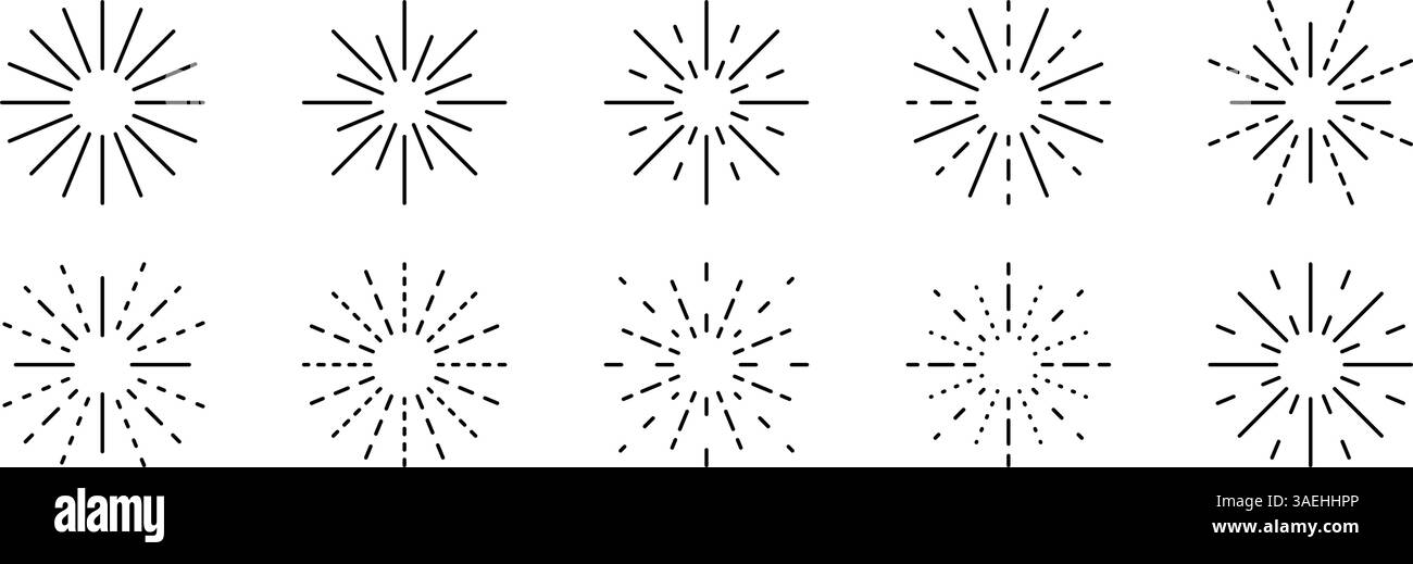 Set von Feuerwerksymbolen. Sonne- oder Sternensymbole. Schilder für Starburst, Sonnenstrahlen oder Sonnenstrahlen. Leuchtkraft oder Energie, Funkeln, Bling oder Funkeln Piktogramme isoliert auf weißem Hintergrund. Vektorgrafik. Stock Vektor