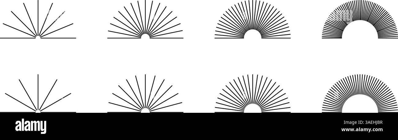 Gerade radiale Linien in Halbkreisformen. Set von Sonnenstrahlen-Symbolen auf weißem Hintergrund. Sunrice- oder Sunset-Schilder. Symbole für Strahlkraft, Explosion oder Feuerwerk. Vektorgrafik. Stock Vektor