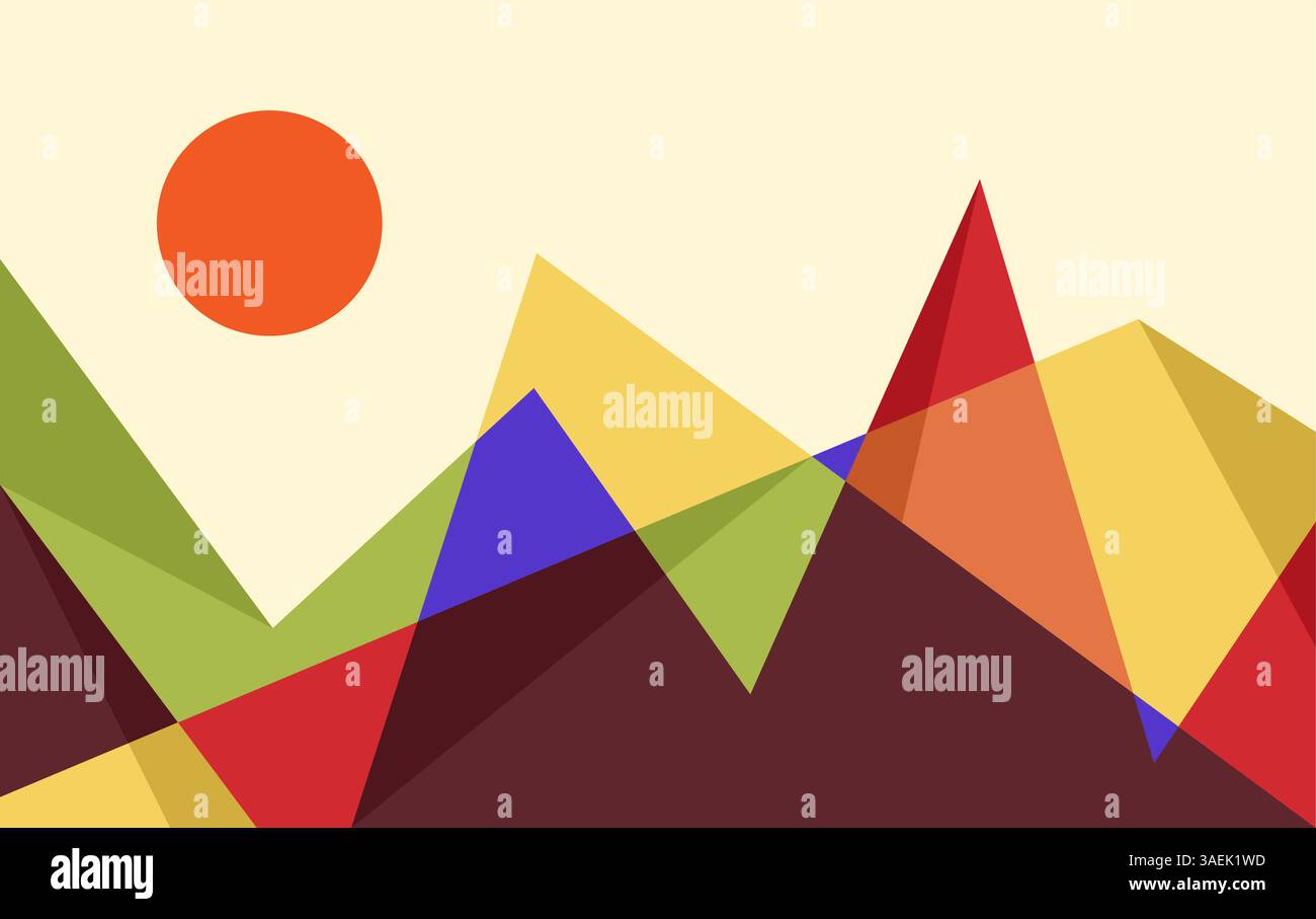 Abstrakte Bergrücken im geometrischen Stil Hintergrund farbenfroh. Berg- und Sonnenvektorillustration Stock Vektor
