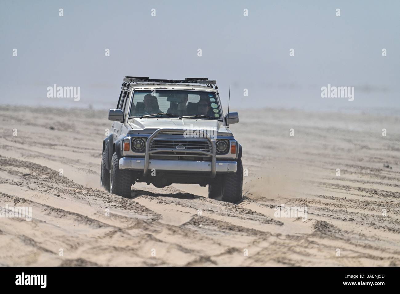Ein 4x4-Fahrzeug, das durch die riesigen Sanddünen im Namib-Naukluft-Nationalpark in der Nähe von Sandwich Harbour, Namibia, navigiert. Diese aufregende Öko-Abenteuer-Show Stockfoto