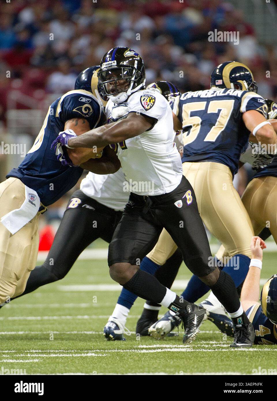 25. September 2011: St. Louis Rams Tight End Lance Kendricks #88 blendet Baltimore Ravens Defensive Back Bernard Pollard #31 während der Spielzeit im Edwards Jones Dome in St. Louis, MO. Die Ravens besiegten die Rams 37-7. (Bild: © Mark J. Peters/Cal Sport Media/ZUMAPRESS.com) Stockfoto