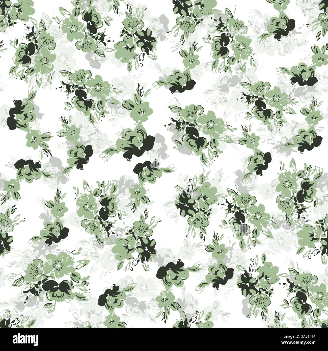 Elegantes Blumenmuster mit gedämpftem Salbeigrün und tiefen Holzkohleblüten auf einem hellen, dezent strukturierten Hintergrund, das eine raffinierte und natürliche Note bietet Stockfoto