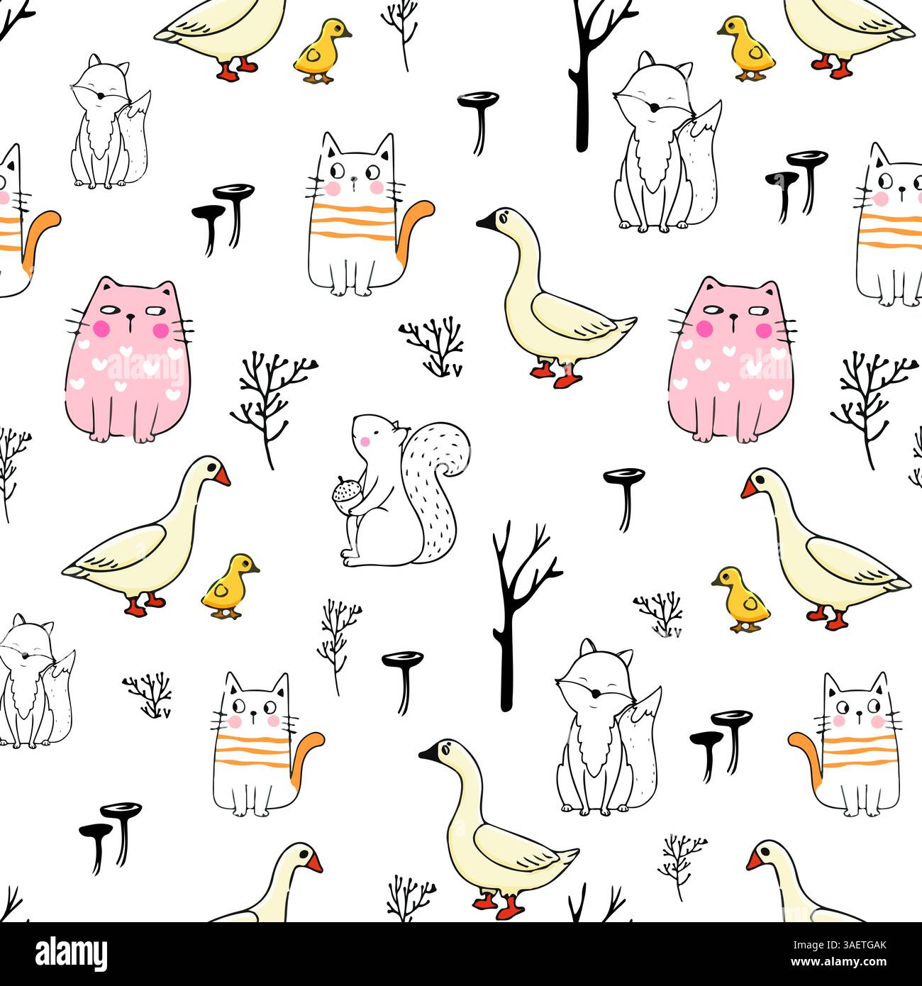 Wunderbares und niedliches Tiermuster mit handgezeichneten Katzen, Gänsen, Eichhörnchen, Füchsen und Bäumen auf weißem Hintergrund, perfekt für einen verspielten und charmanten Charme Stockfoto