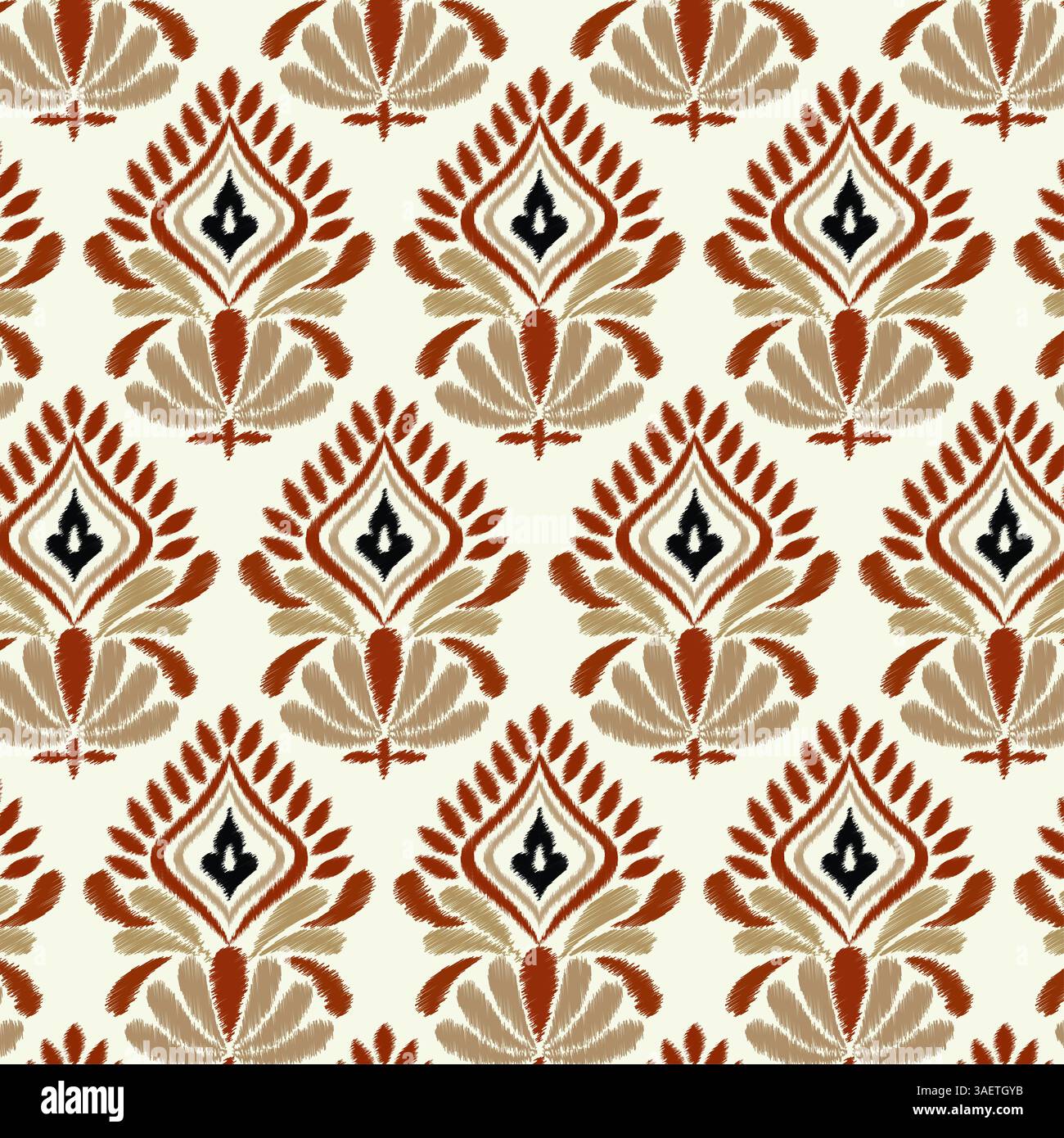 Ein reichhaltiges, nahtloses Muster mit traditionellen indischen Paisley- und Damastmotiven. Das elegante, symmetrische Design in Erdtönen ist perfekt für ethnische Verhältnisse Stockfoto