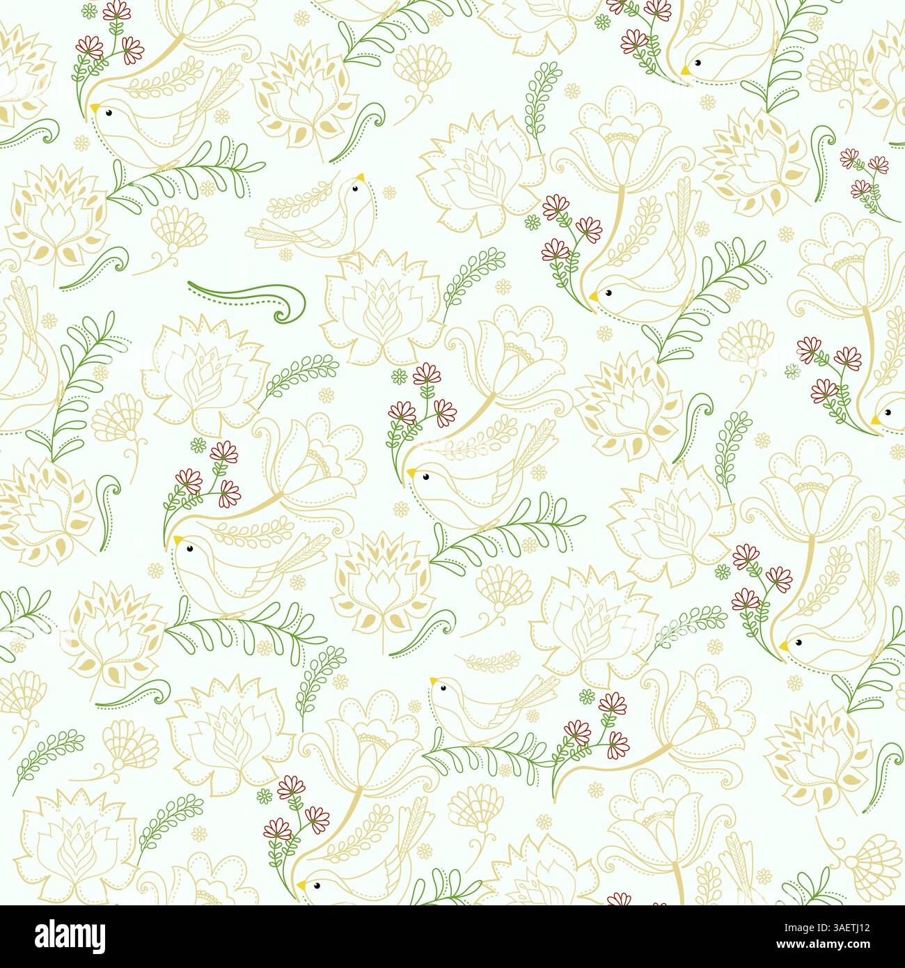 Zarte Vögel und Blüten in einem weichen Blumentraum. Stockfoto