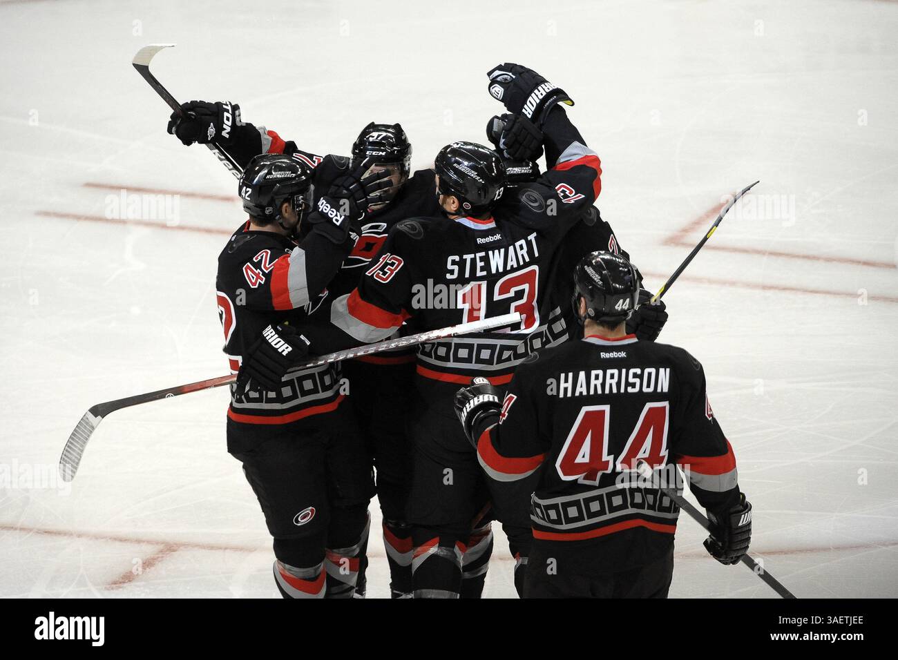 November 2011: Raleigh, North Carolina, USA S - Carolina Hurricanes feiern das zweite Tor in der ersten Periode. Canadiens besiegte die Hurricanes 4-3 im RBC Center in Raleigh North Carolina. (Bild: © Anthony Barham/Southcreek/ZUMAPRESS.com) Stockfoto