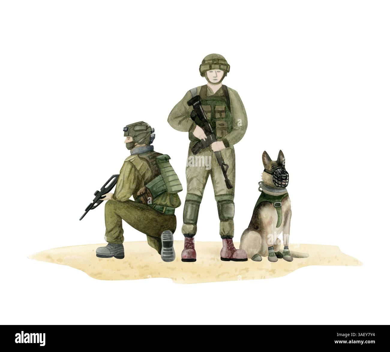 K9 Einheit mit Handler Soldaten und sitzender deutscher Schäferhund Aquarellillustration isoliert auf weiß. Oketz Militärwächter Hund für Militärveteranen Stockfoto