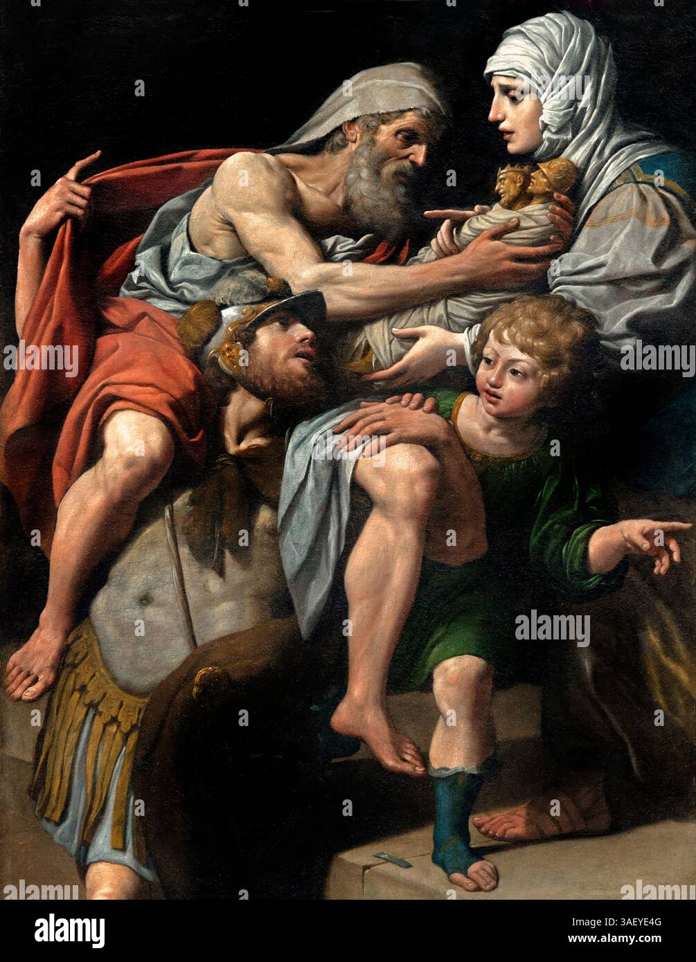 Enee et Anchise - Aeneas and Anchises 1615 Leonello Spada 1576–1622 Italien Italienisch (Anchises, in griechischer Legende, Mitglied des Nachwuchsgeschlechts von Troja: Während er seine Schafe auf dem Berg Ida pflegte, traf ihn die Göttin Aphrodite). Aeneas war ein trojanischer Held, der Sohn des trojanischen Prinzen Anchises und der griechischen Göttin Aphrodite (Äquivalent zur römischen Venus). Anchises · Aeneas Silvius · Creusa (Ehefrau von Aeneas) · Ascanius Stockfoto