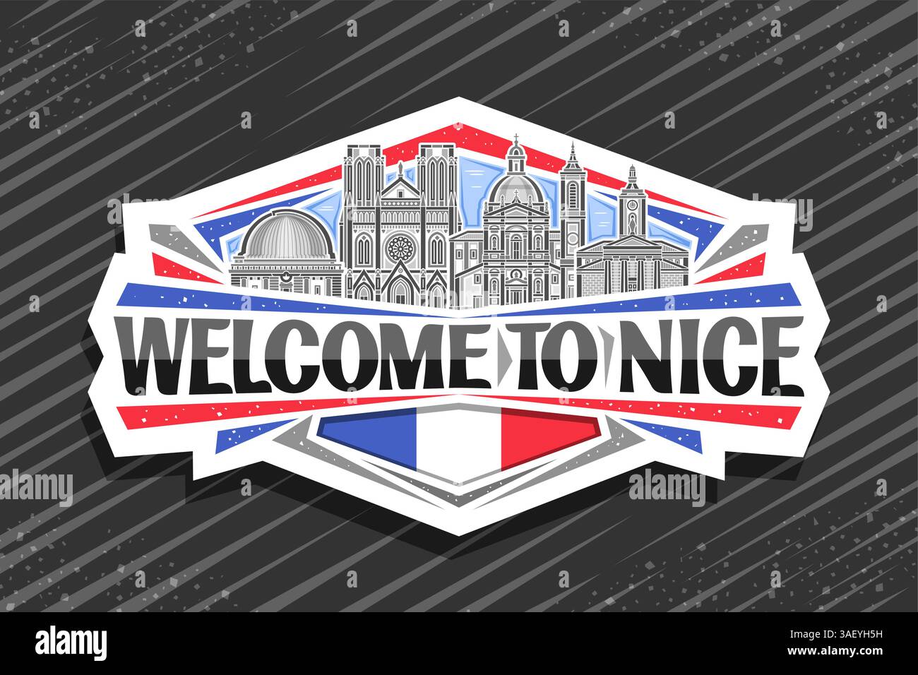 Vektor-Logo für Nizza, dekoratives geschnittenes Papierabzeichen mit detaillierter Illustration der berühmten historischen schönen Stadtlandschaft auf Tag-Himmel-Hintergrund, Kunstdesign Ref Stock Vektor