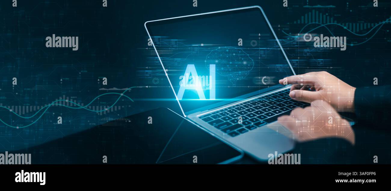 Künstliche Intelligenz zur Steigerung der Effizienz von Unternehmen: Menschliche Computer-KI-Symbol, umgeben von digitalen Symbolen und Datenflüssen, die künstlich darstellen Stockfoto