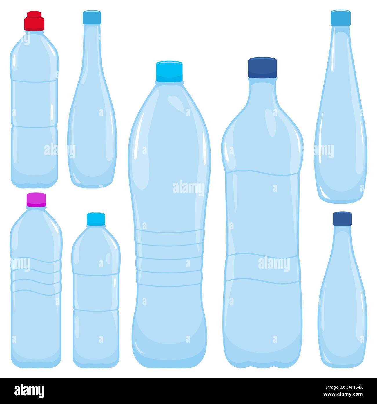 Wasserflaschen Set. Wasserflaschen aus Kunststoff oder Glas. Süßwassergetränk, verschiedene Flaschenformen. Reinigen Sie das Getränk in einem Kunststoffbehälter. Stockfoto