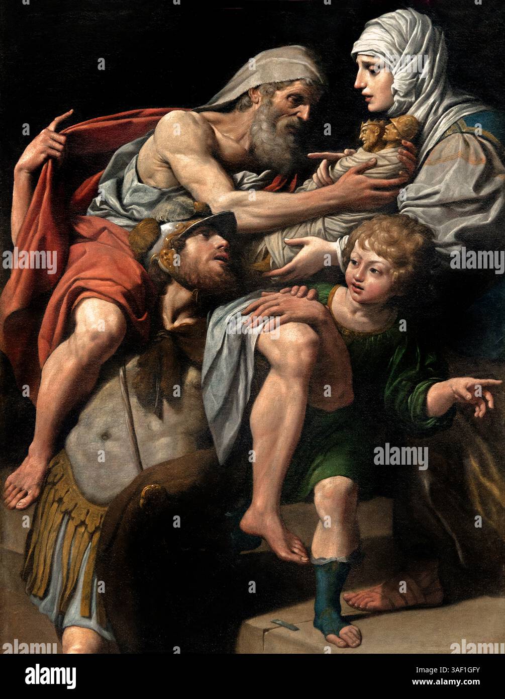 Enee et Anchise - Aeneas and Anchises 1615 Leonello Spada 1576–1622 Italien Italienisch (Anchises, in griechischer Legende, Mitglied des Nachwuchsgeschlechts von Troja: Während er seine Schafe auf dem Berg Ida pflegte, traf ihn die Göttin Aphrodite). Aeneas war ein trojanischer Held, der Sohn des trojanischen Prinzen Anchises und der griechischen Göttin Aphrodite (Äquivalent zur römischen Venus). Anchises · Aeneas Silvius · Creusa (Ehefrau von Aeneas) · Ascanius Stockfoto