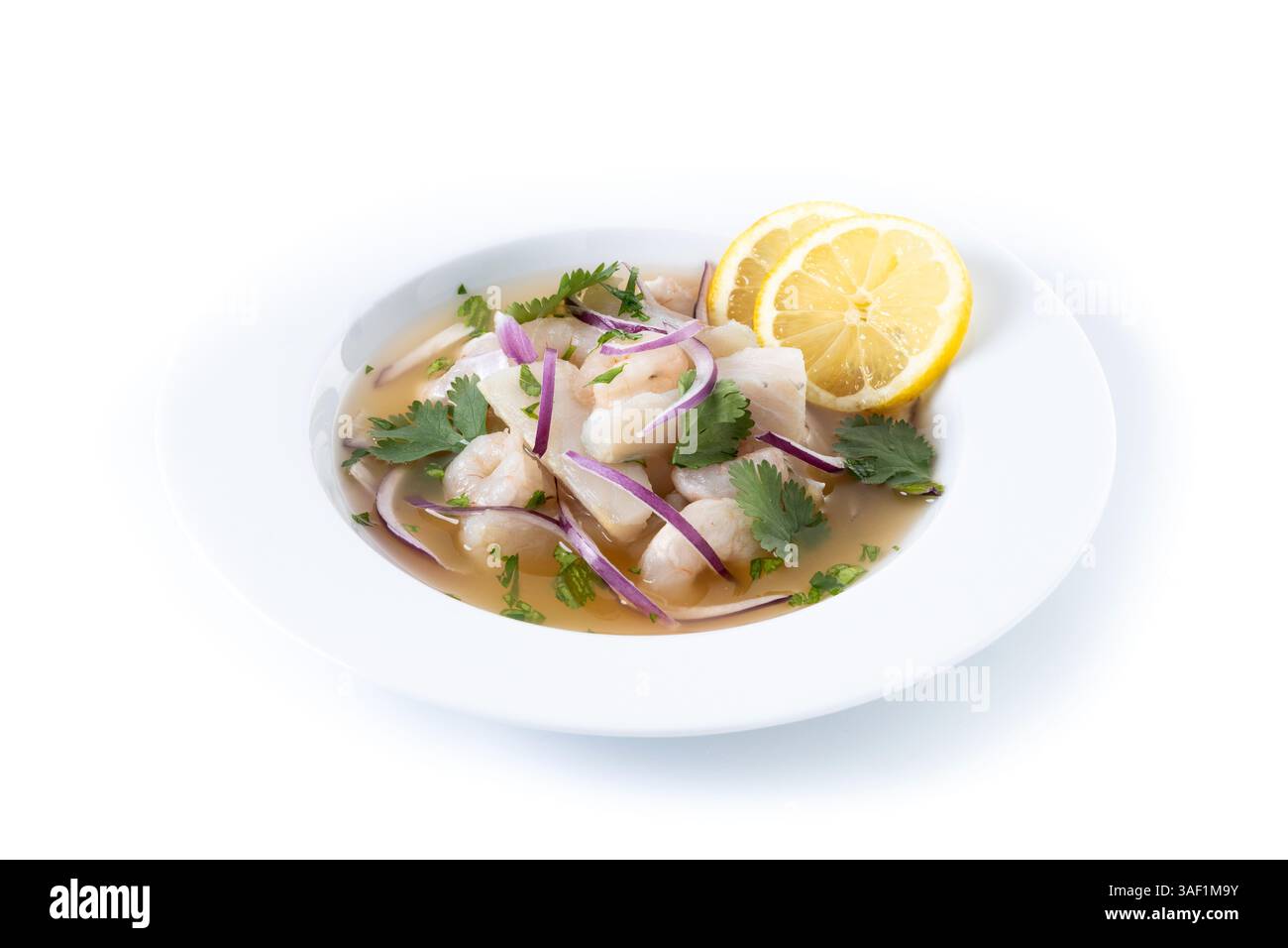 Traditionelles peruanisches Ceviche-Wolfsbarschfilet isoliert auf weißem Hintergrund. Stockfoto